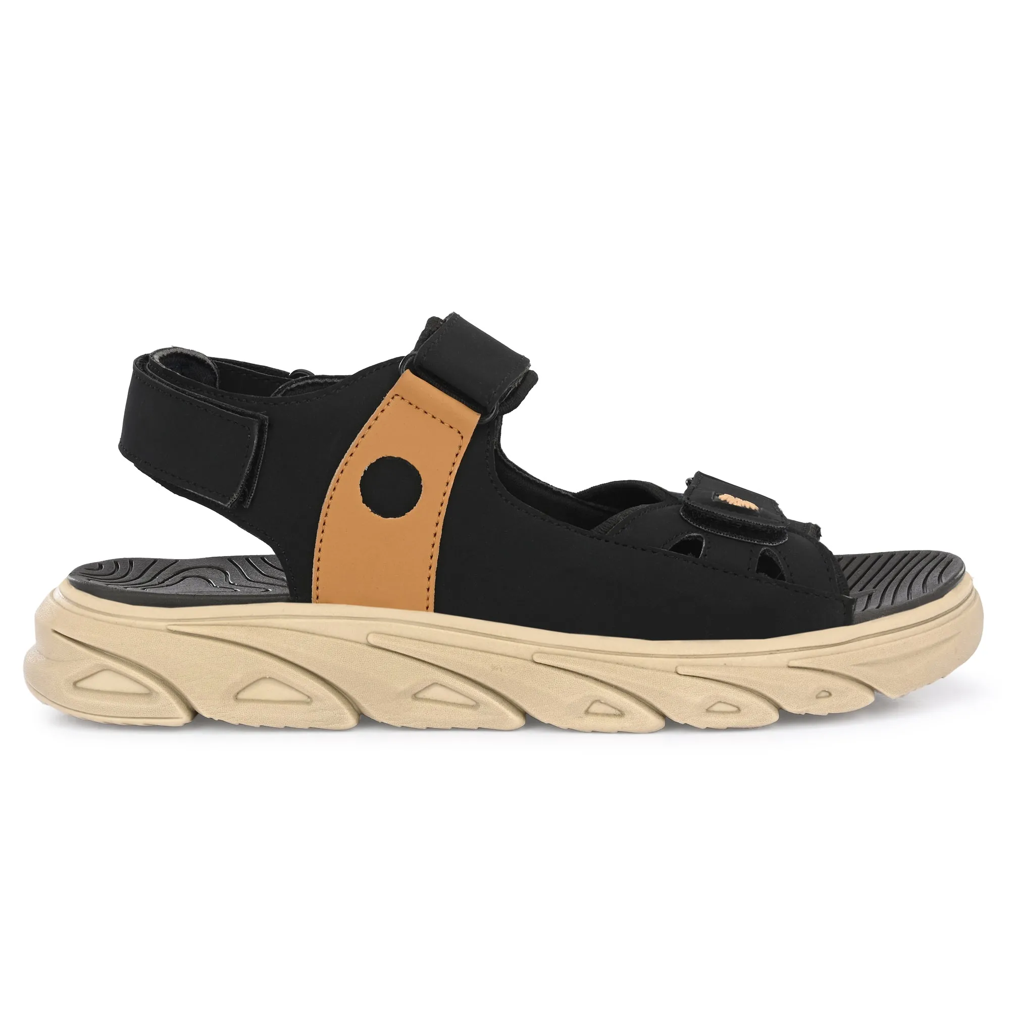 Attitudist Unisex Handcrafted Tan Strap Black Casual Sandal