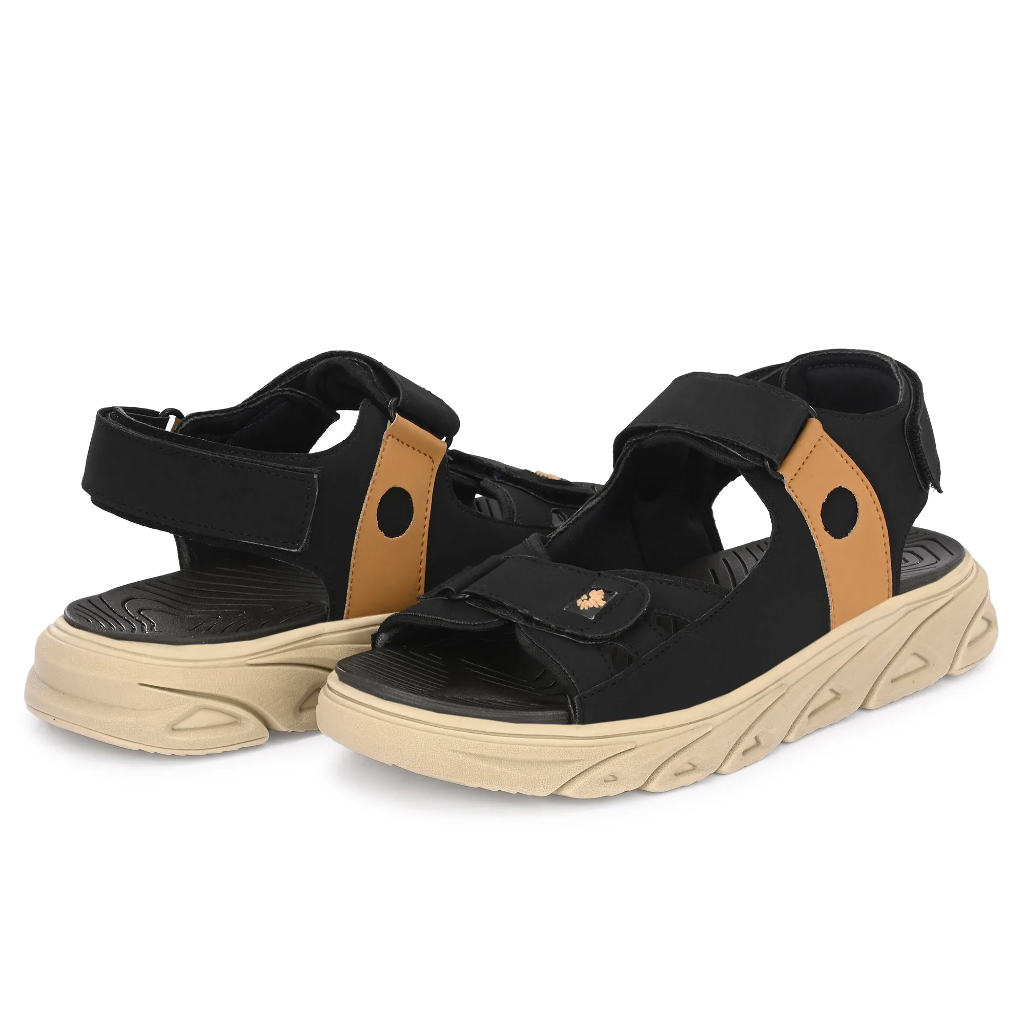 Attitudist Unisex Handcrafted Tan Strap Black Casual Sandal