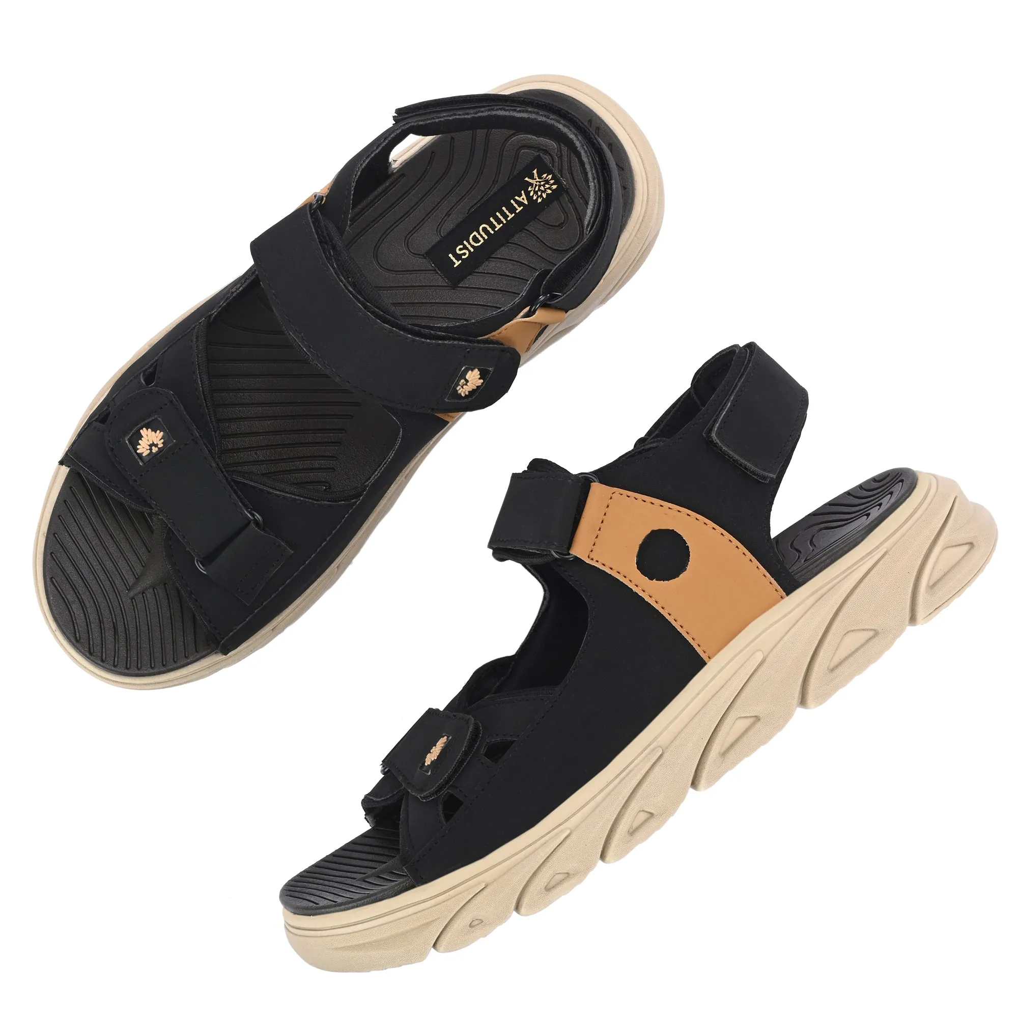 Attitudist Unisex Handcrafted Tan Strap Black Casual Sandal