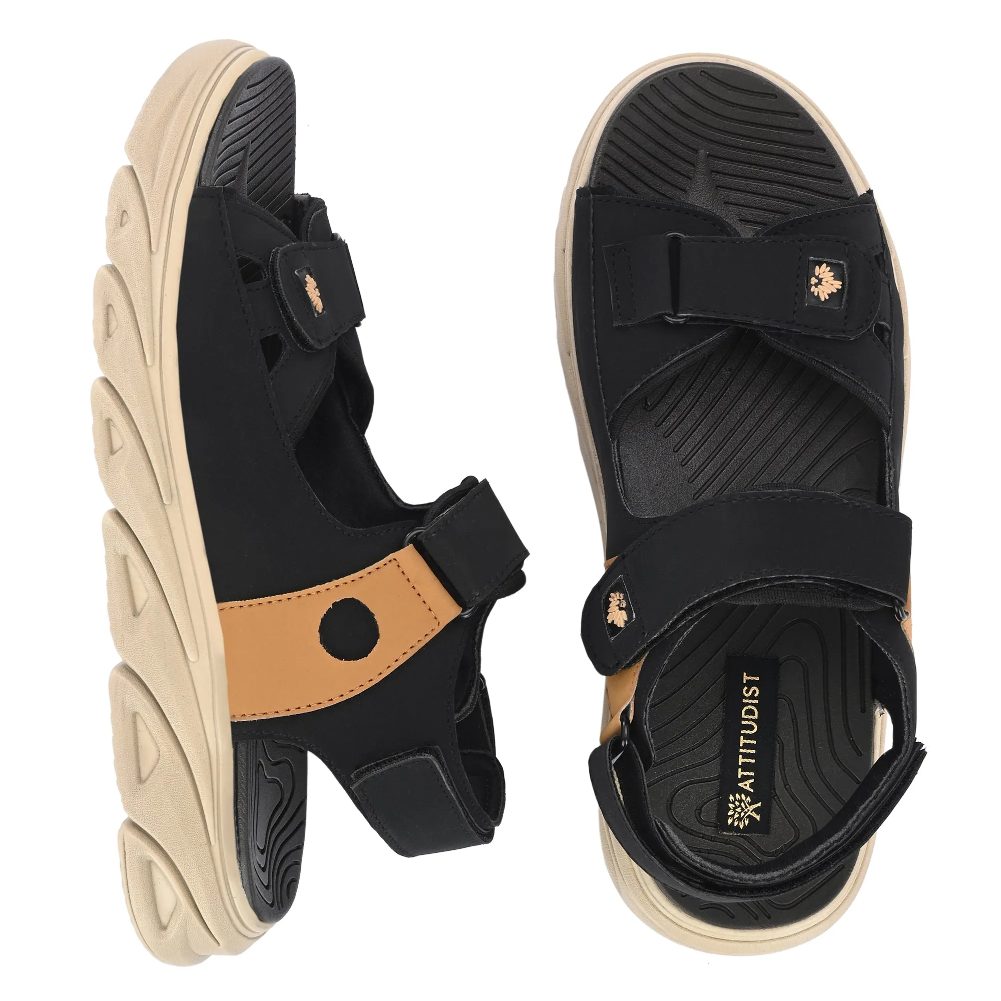 Attitudist Unisex Handcrafted Tan Strap Black Casual Sandal