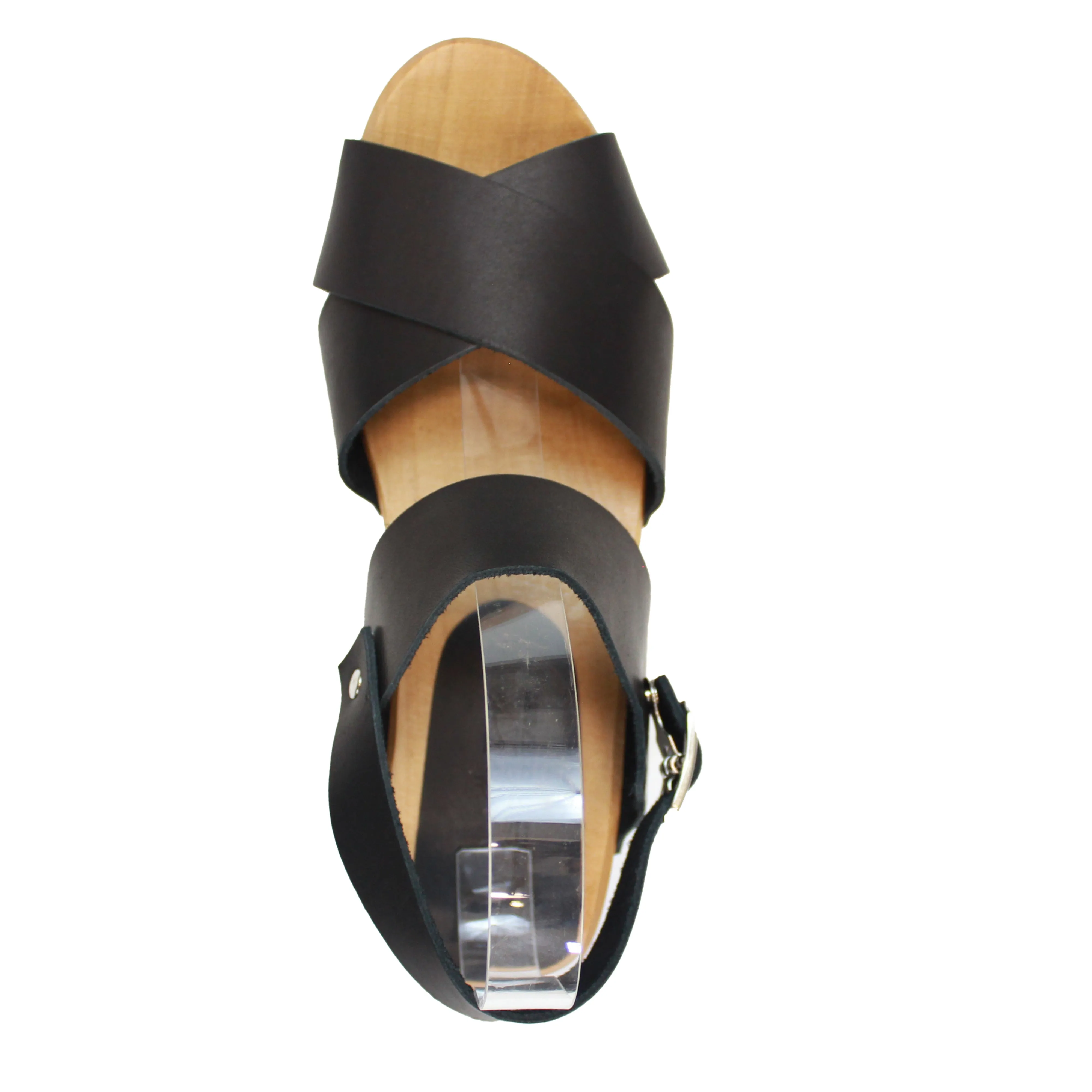 BJORK Erika Black Leather Wooden Clog Sandals