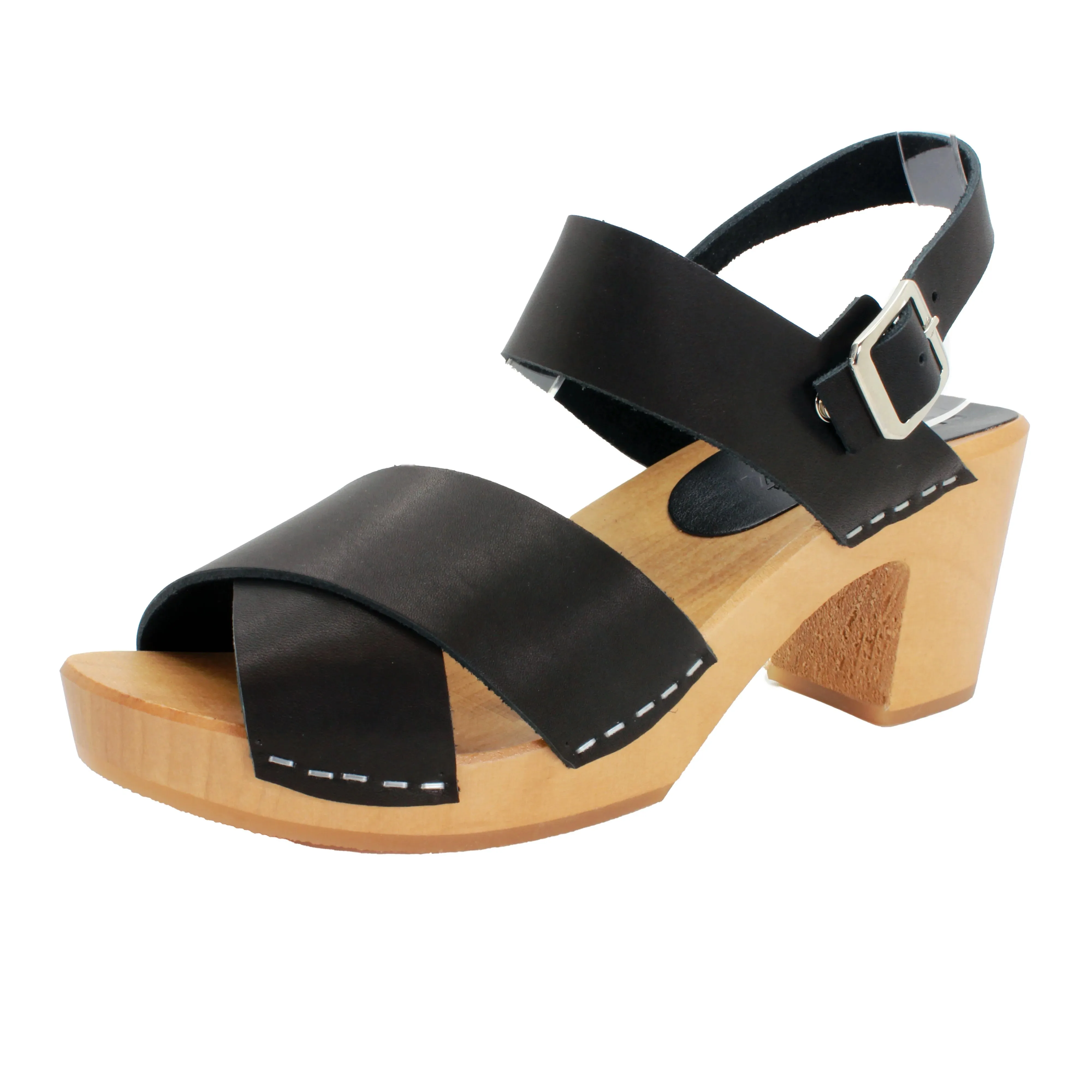 BJORK Erika Black Leather Wooden Clog Sandals