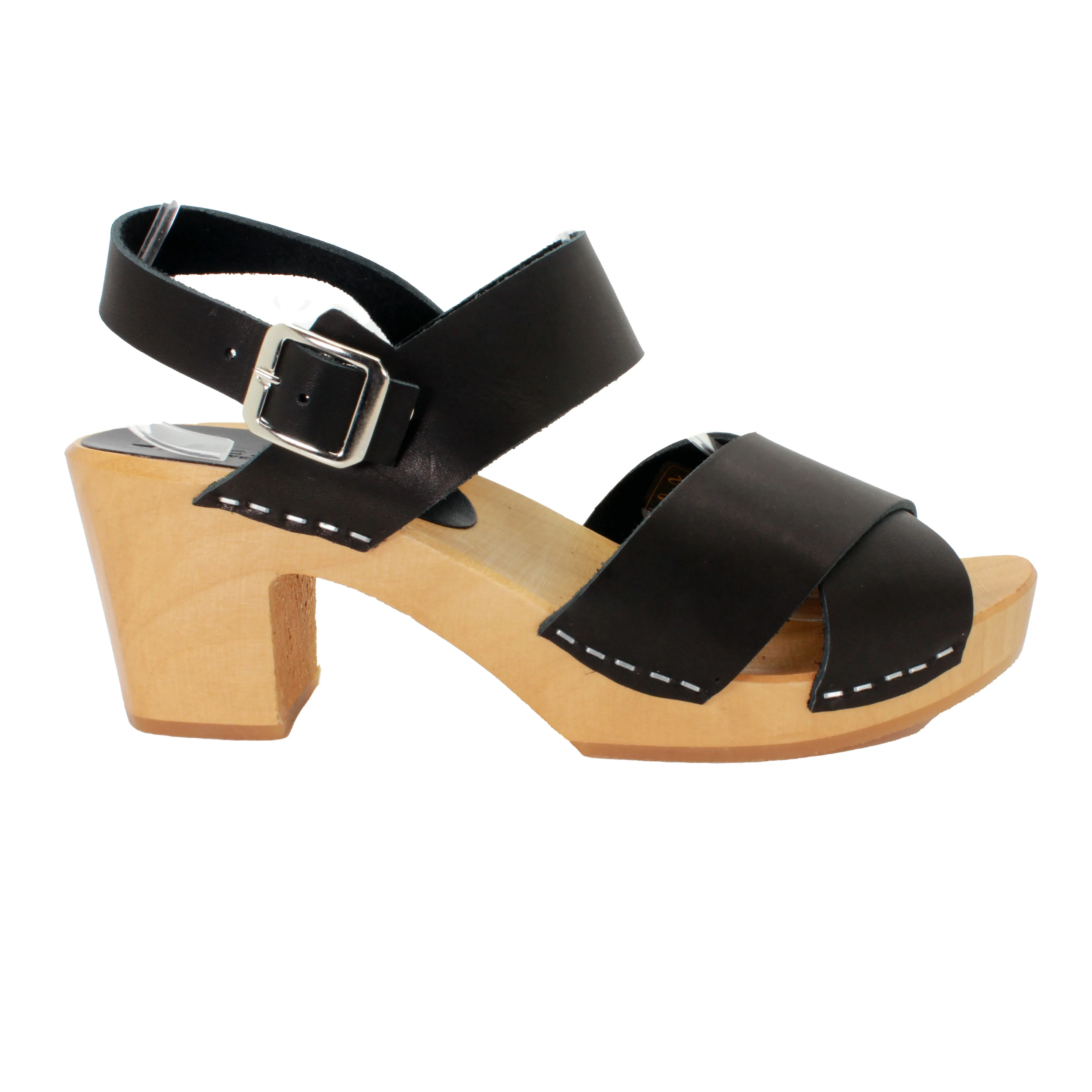 BJORK Erika Black Leather Wooden Clog Sandals