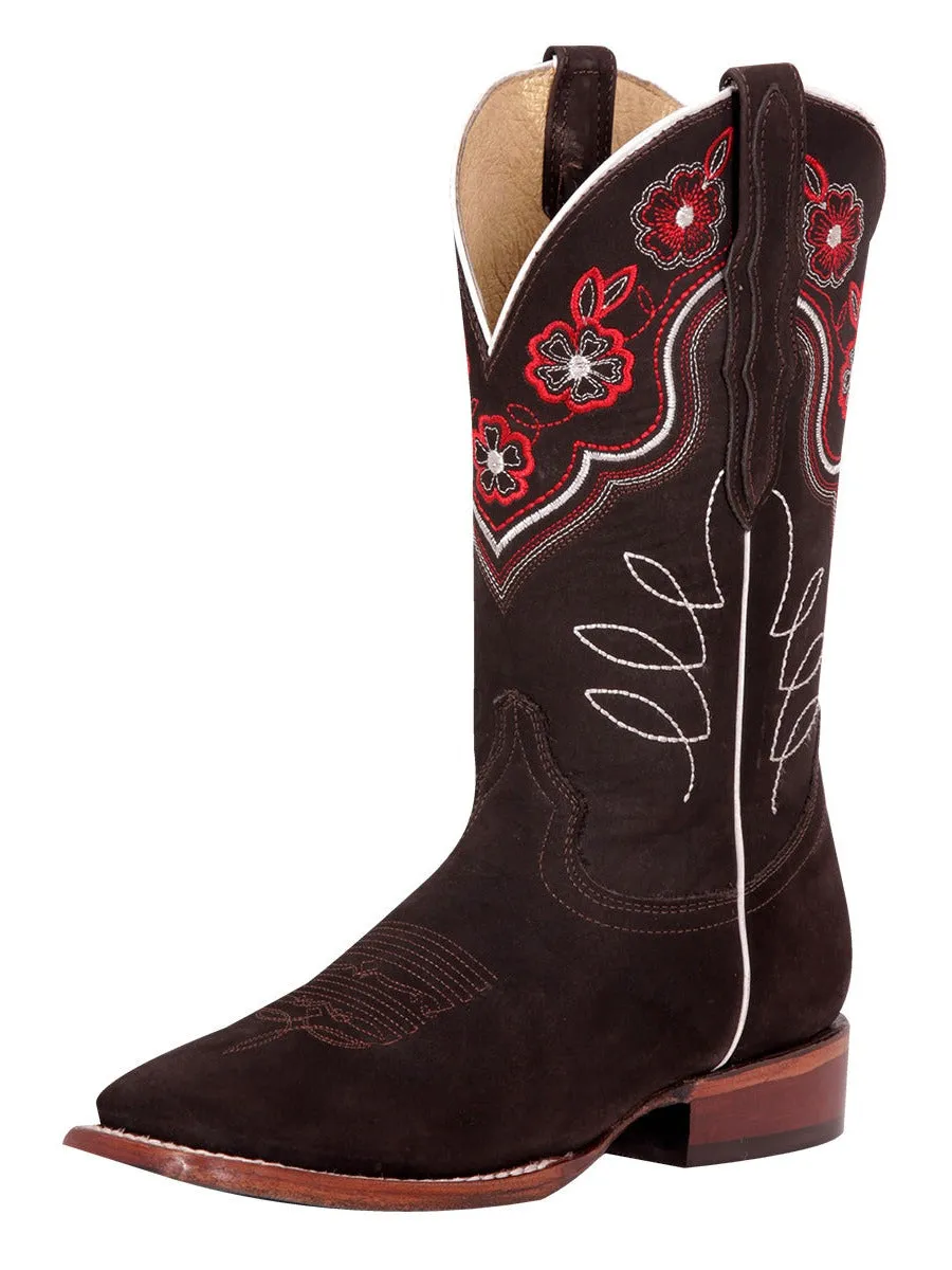 Botas Vaqueras Rodeo con Tubo Bordado de Flores de Piel Nobuck para Mujer 'El General' - ID: 42978