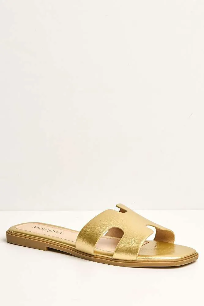 California Faux Leather Open Toe Flat Slider in Gold