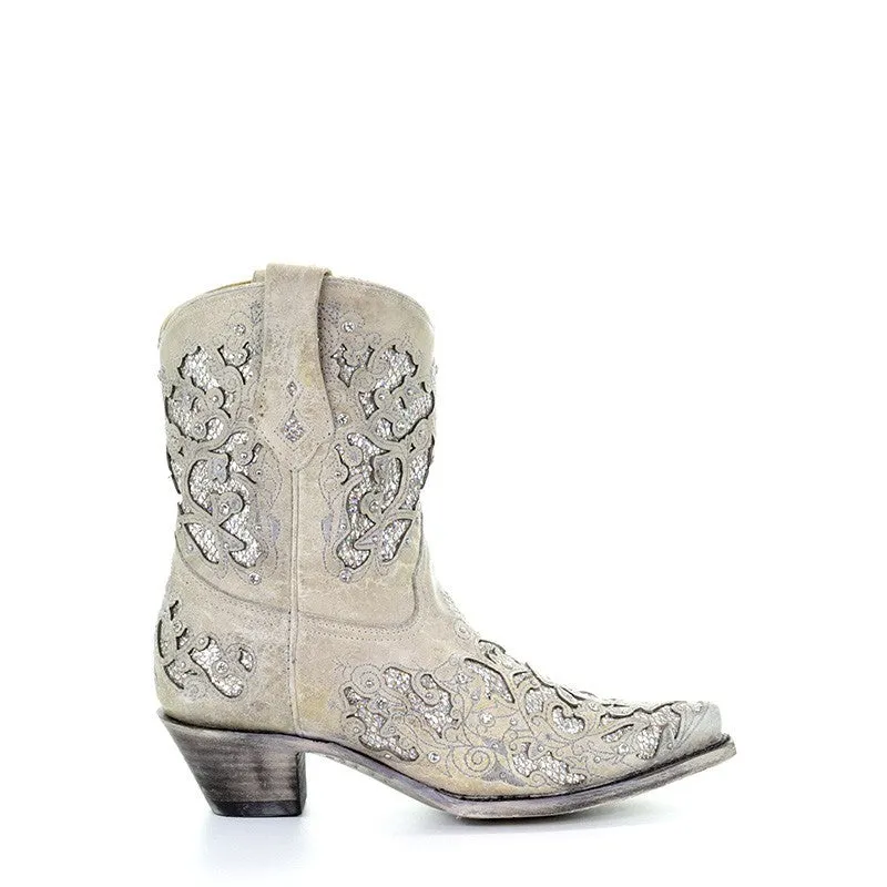 Corral Boots Women's White Glitter Inlay w/Crystals Western Boots