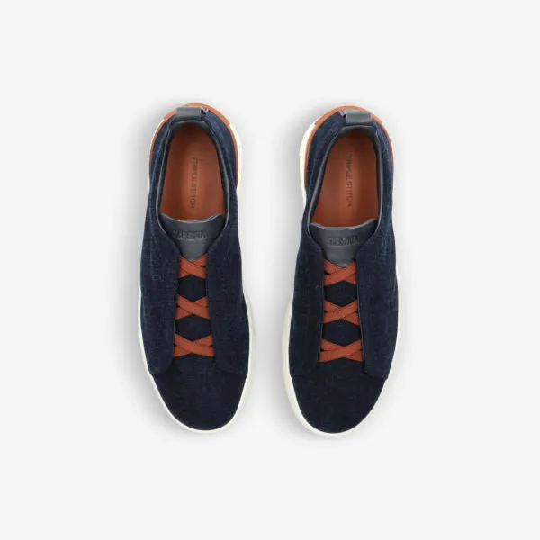 Ermenegildo Zegna Denim Triple Stitch Low Top Sneakers with Contrast Sole, Denim