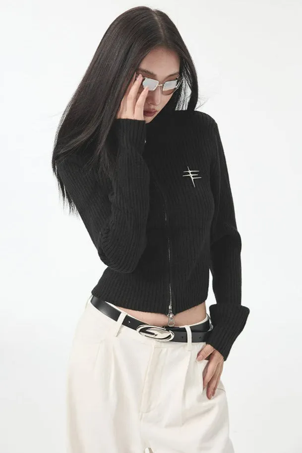 High Neck Double Zip Skinny Crop Top