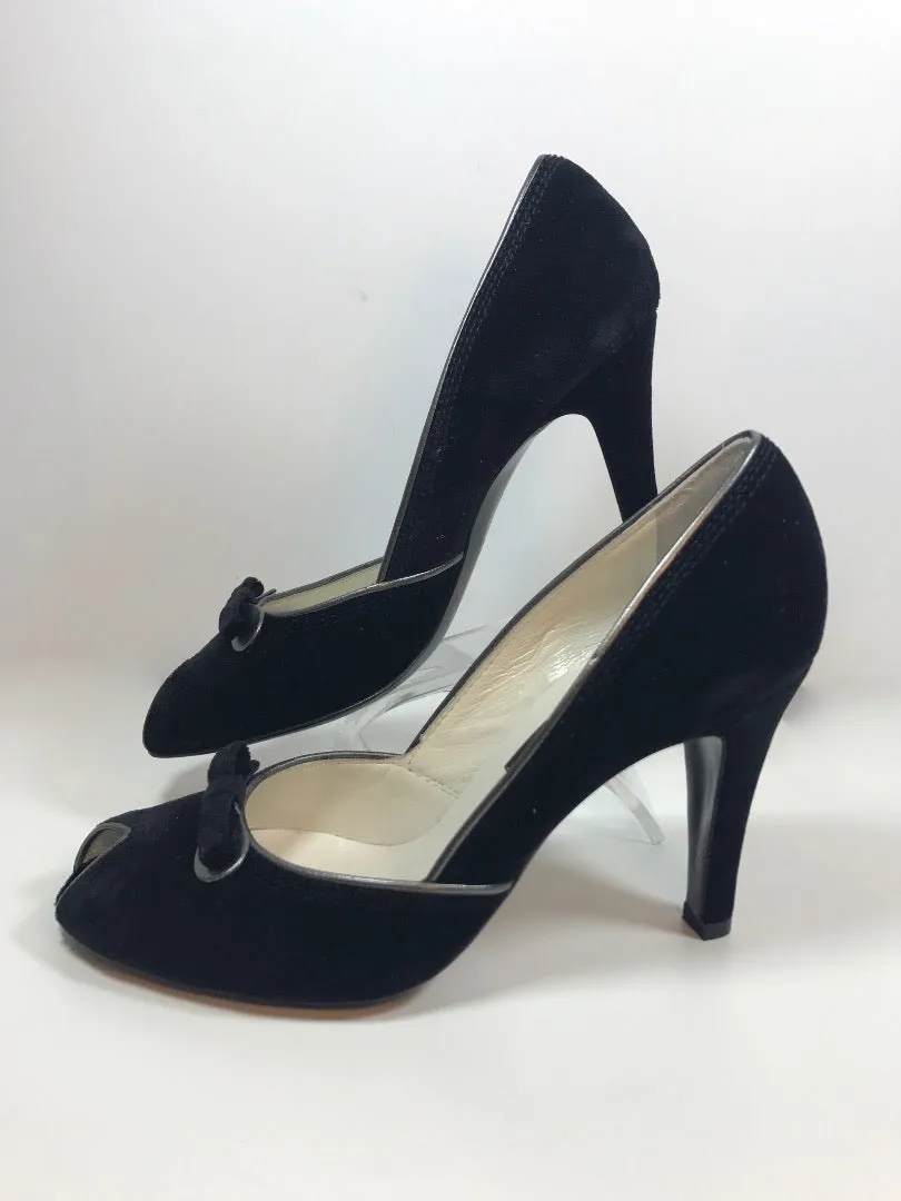 MARC JACOBS Black Velvet Peep Toe Heels with Bow and Silver Detailing Size 8 1/2