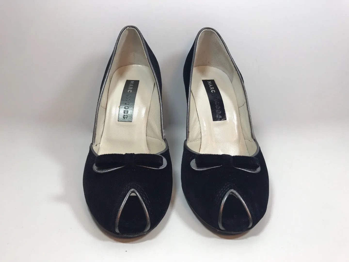 MARC JACOBS Black Velvet Peep Toe Heels with Bow and Silver Detailing Size 8 1/2