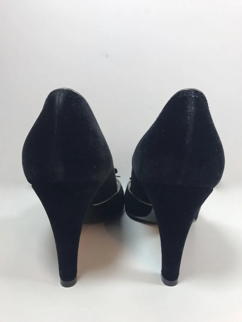 MARC JACOBS Black Velvet Peep Toe Heels with Bow and Silver Detailing Size 8 1/2