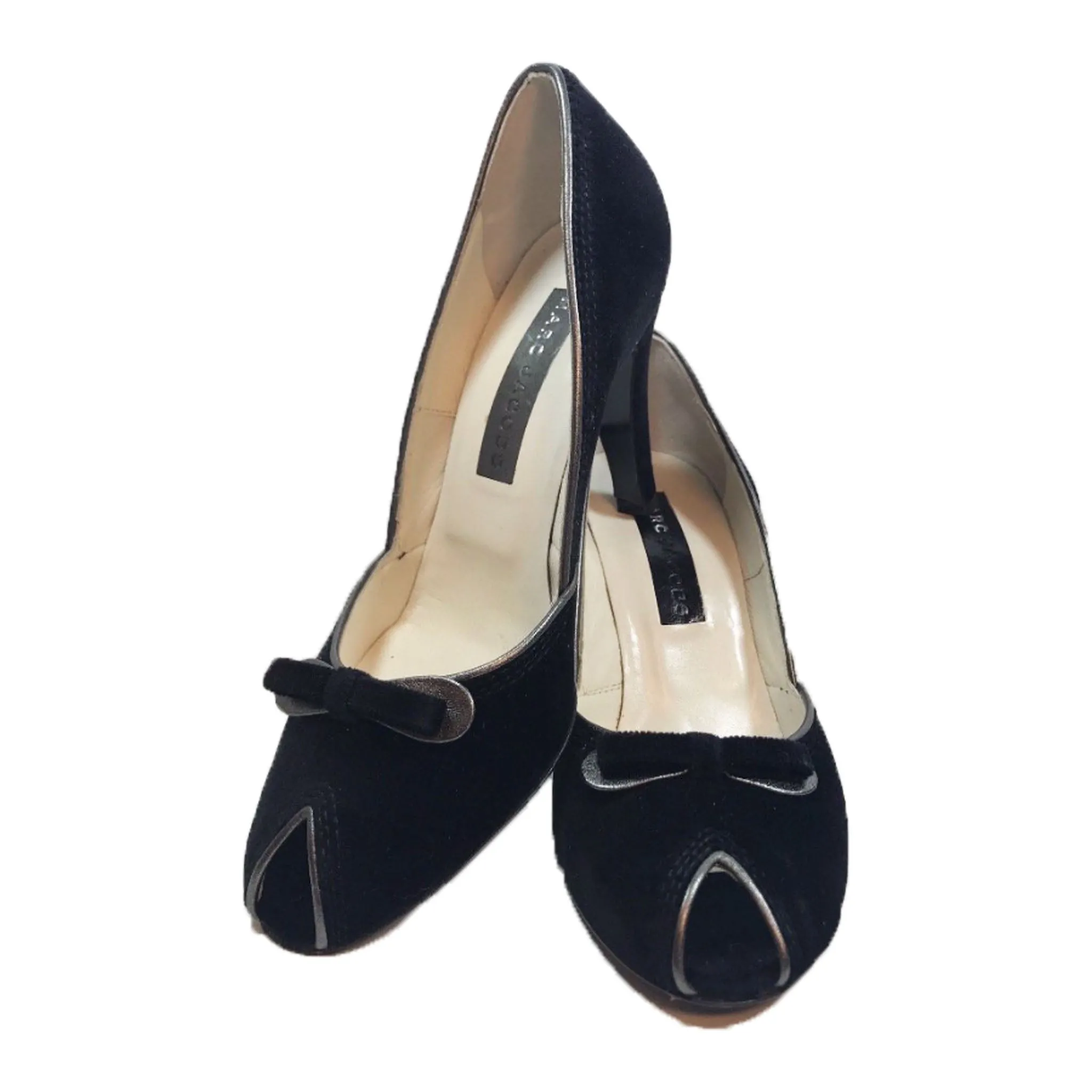 MARC JACOBS Black Velvet Peep Toe Heels with Bow and Silver Detailing Size 8 1/2