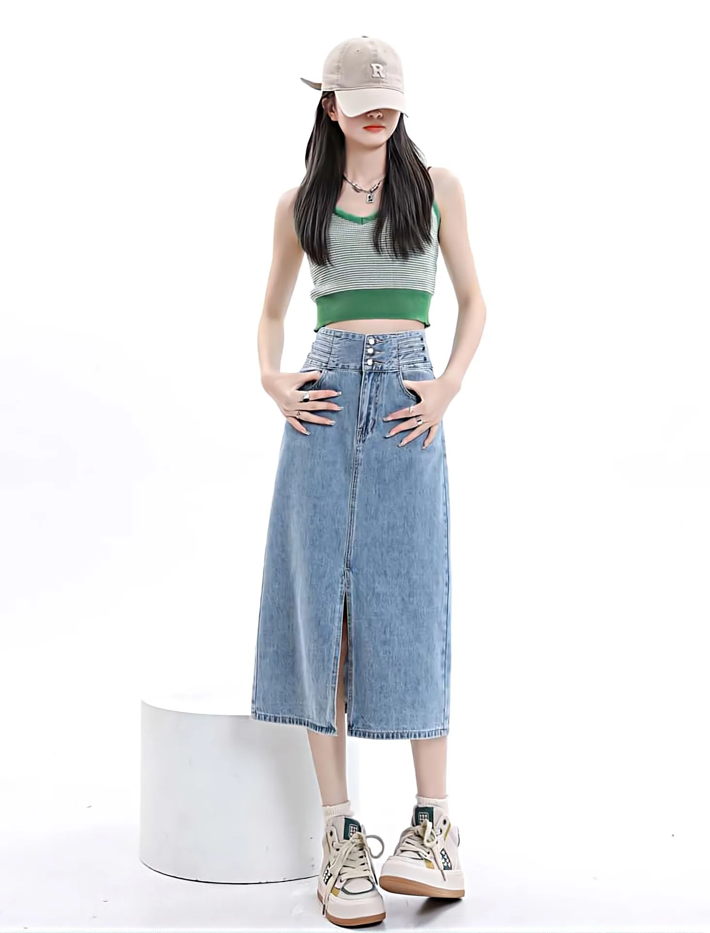 Multi Button Denim Midi Skirt