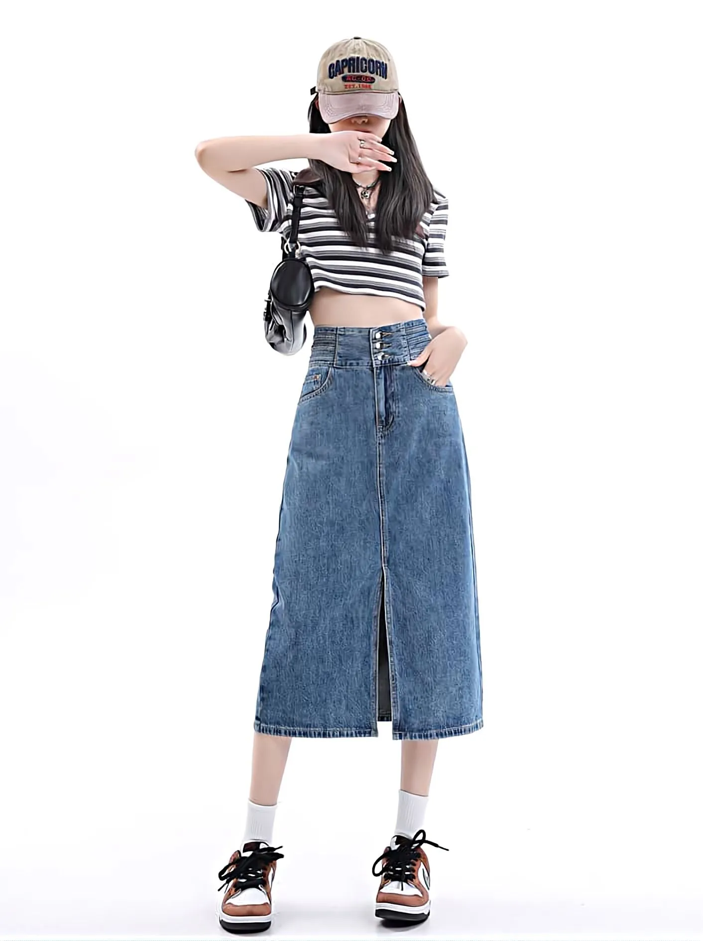 Multi Button Denim Midi Skirt