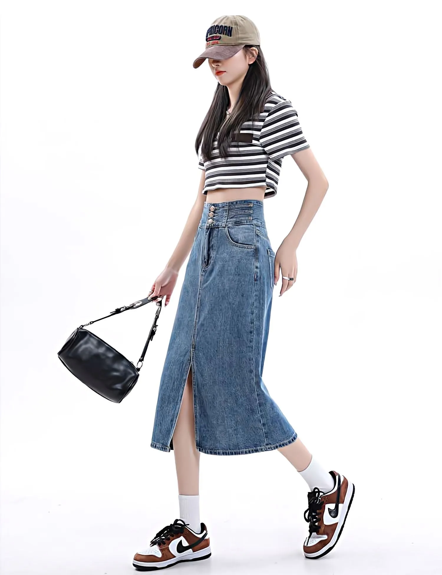 Multi Button Denim Midi Skirt