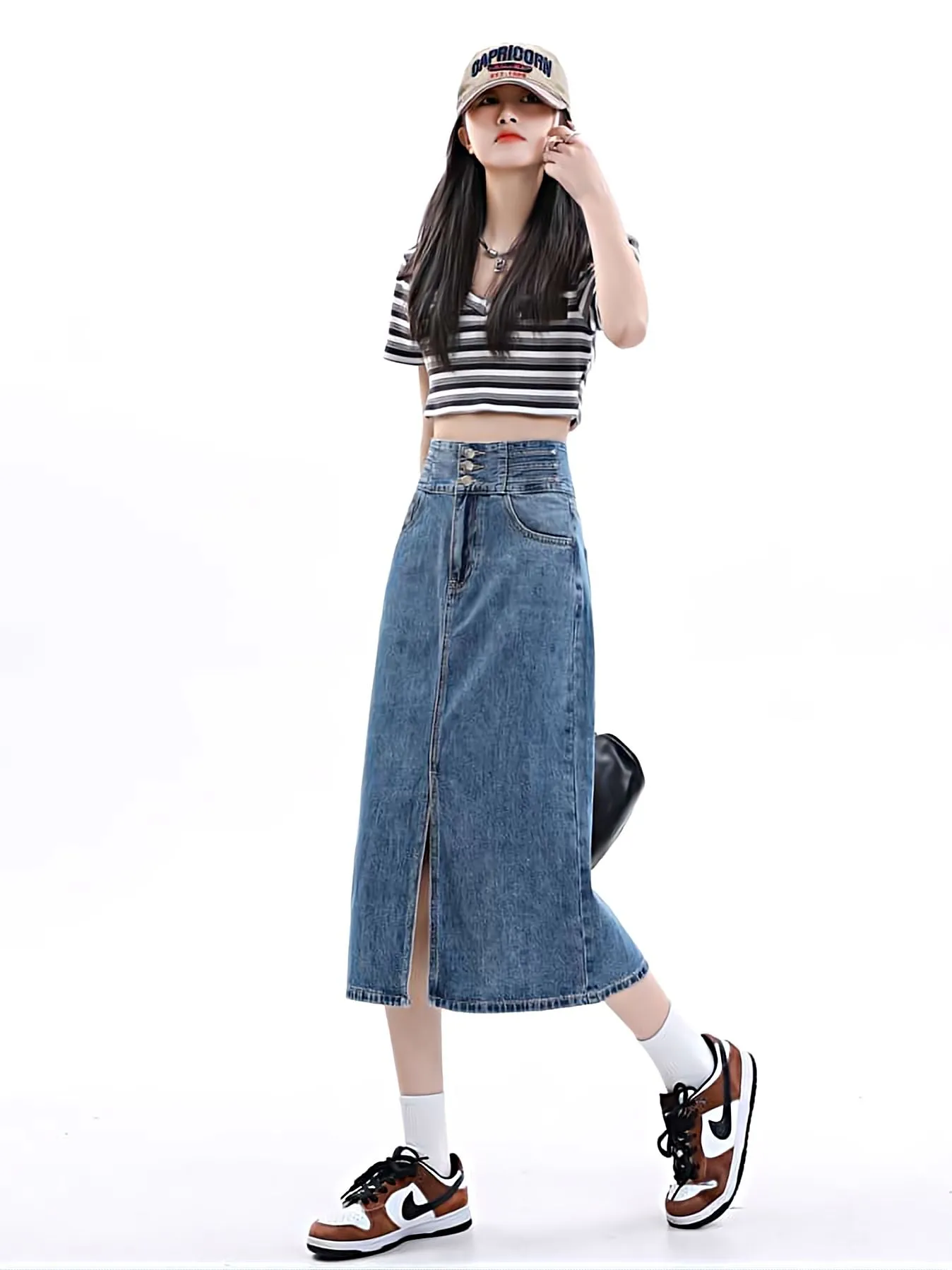 Multi Button Denim Midi Skirt