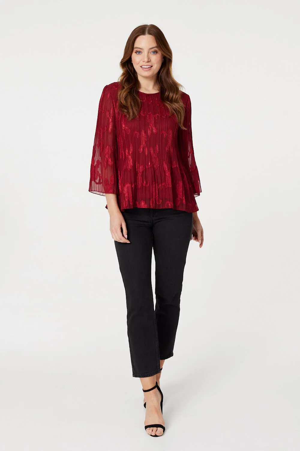 Plisse Pleated 3/4 Sleeve Blouse