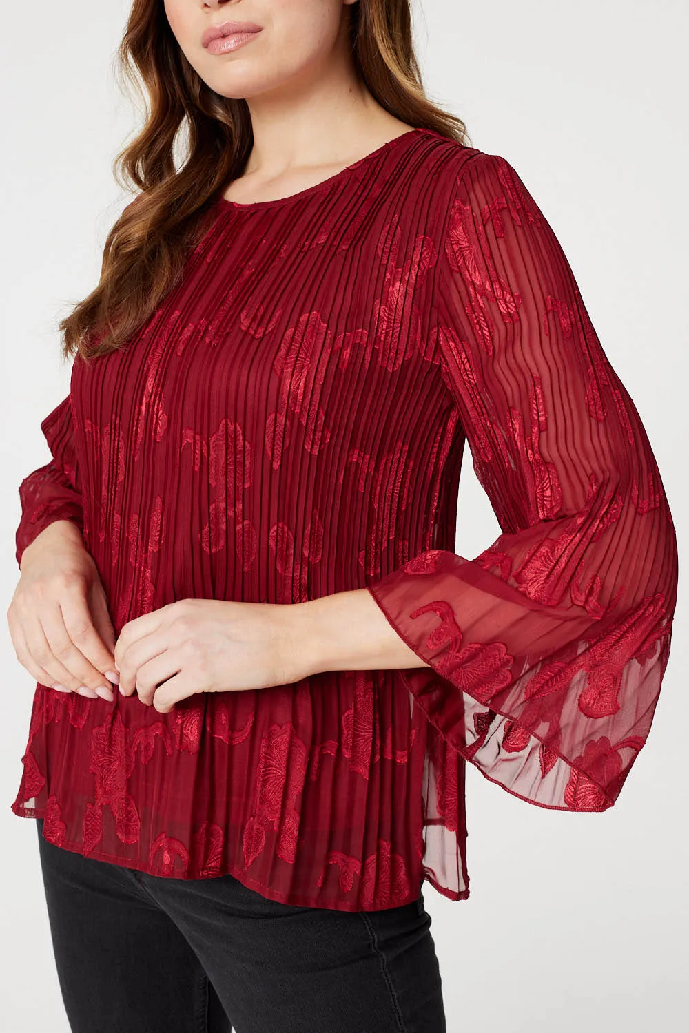 Plisse Pleated 3/4 Sleeve Blouse