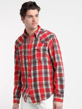 Red/Grey Slim Fit Plaid Twill Western Shirt